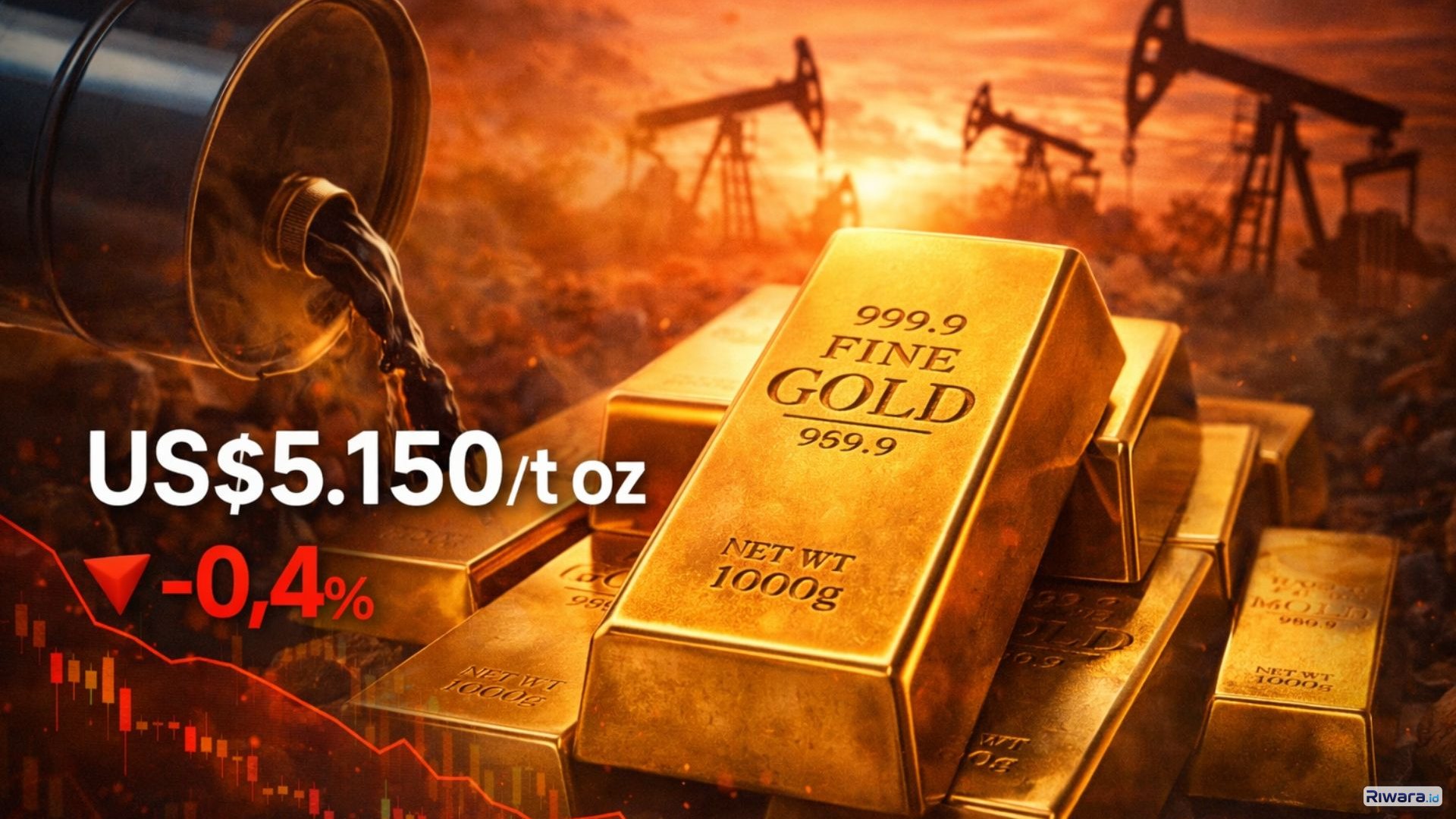 Tumpukan emas batangan. Harga emas dunia melemah seiring tekanan inflasi dan lonjakan harga minyak di tengah konflik Timur Tengah.